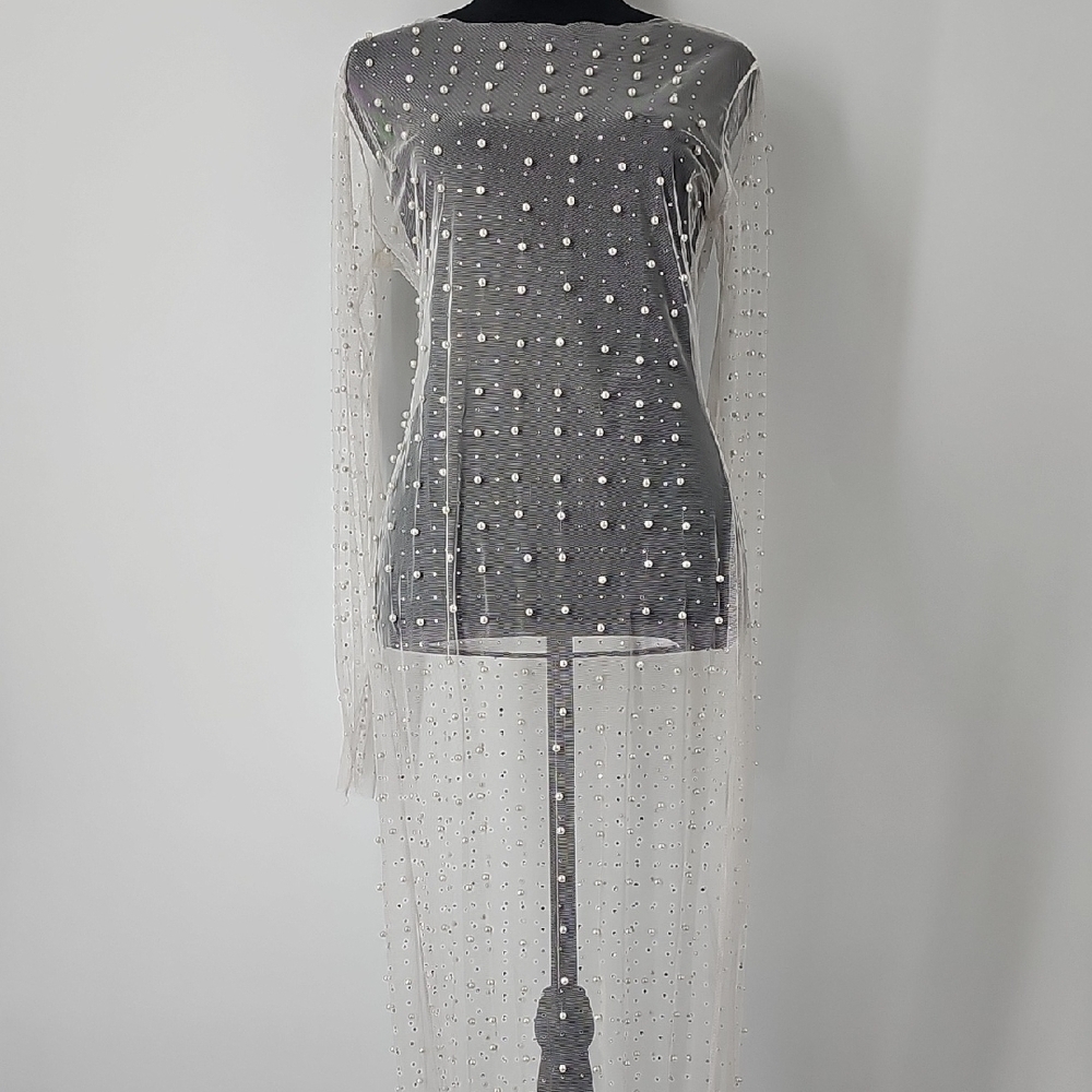 Sheer‎ Mesh Pearl & Crystal Embellished Maxi Dress w Long Sleeves & Back Slit